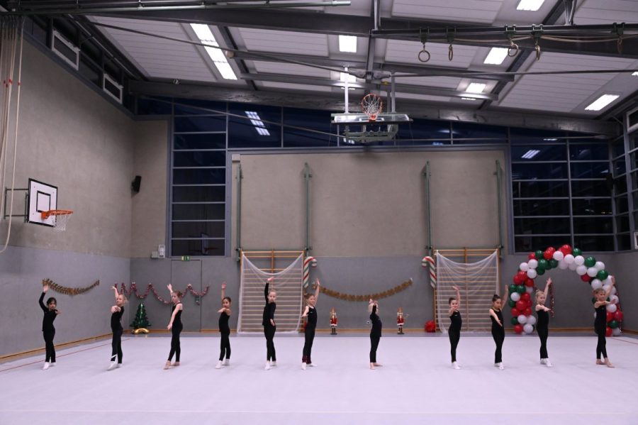 Eine Gruppe Mädchen steht in der Turnhalle auf der Fläche.