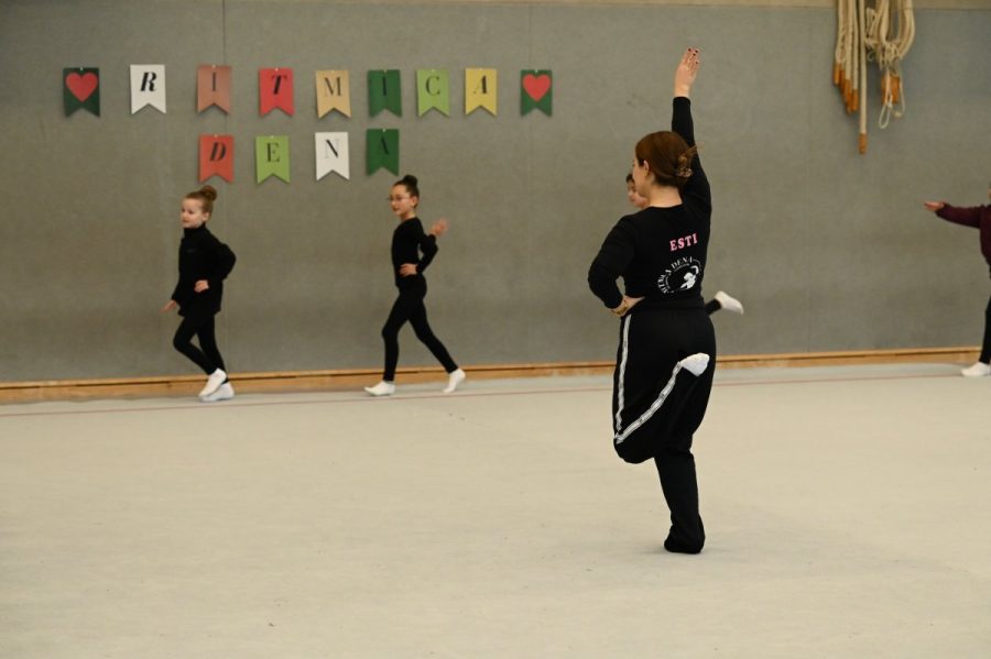Eine Trainerin und zwei Gymnastinnen beim Üben in der Sporthalle.